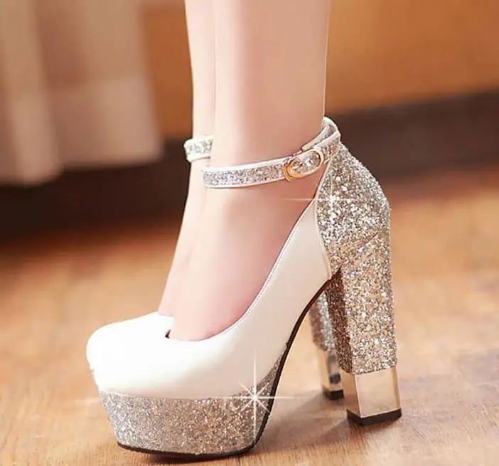 Белый Свадебная обувь Новинка На толстом каблуке свадебные туфли для подружки