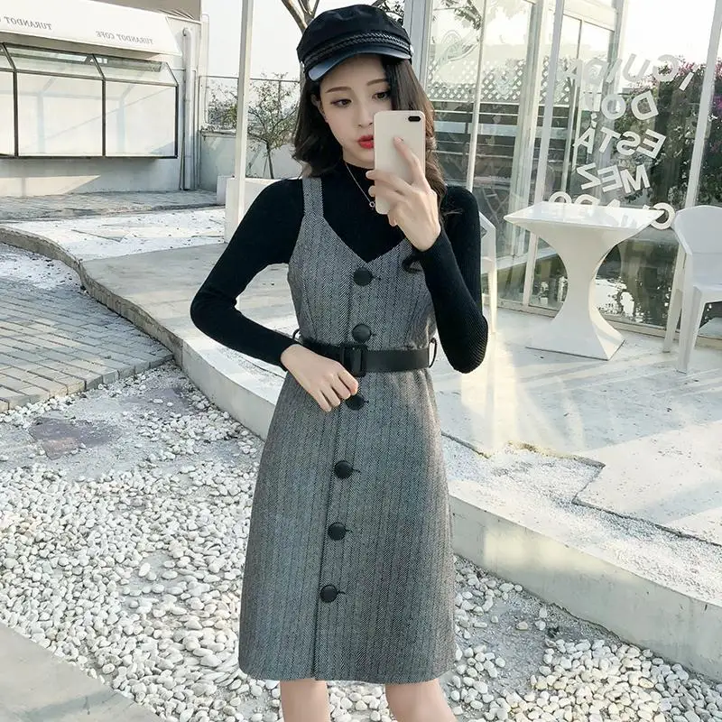

2020 Spring Autumn Women Long Sleeves Knitted T-shirt + Wool Blend Dress With Sashes 2pcs Sets Female Casual Slim Outfits V152