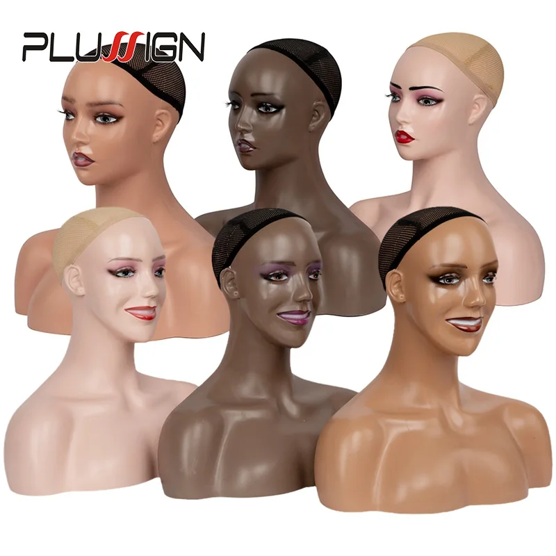 Plussign Wig Display Stand Dark Brown Beige Color Mannequin Head With Ear Holes Smiling Face Mannequin Head With Shoulders