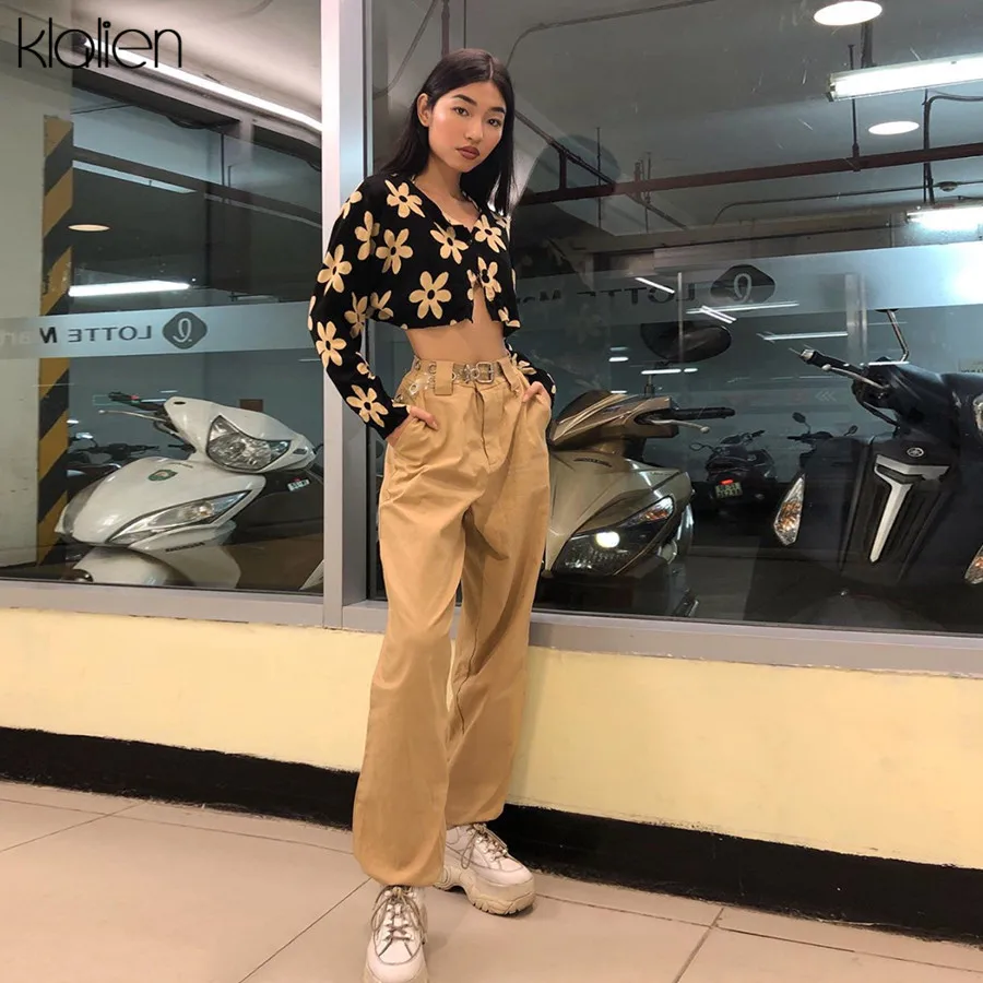 Женская футболка с цветочным принтом kalien Повседневная Свободная длинным рукавом