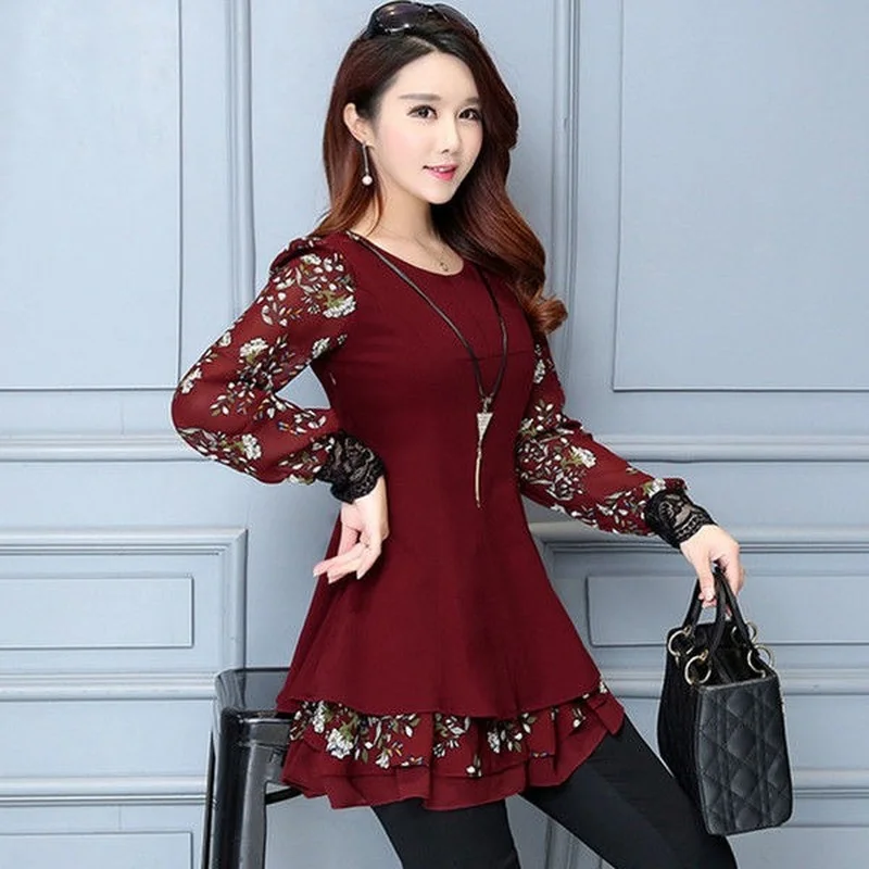 

Women Spring Autumn Style Plus Size Blouses Shirts Lady Casual Long Sleeve Patchwork Chiffon Slim Fit Blusas Tops M-4XL X794
