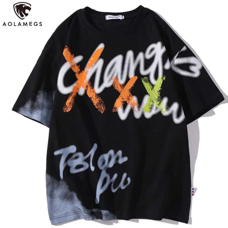 aliexpress - Aolamegs T Shirt Men Hit Color Graffiti Letter Print Men‘s Tee Shirts Cotton Casual Tops Hip Hop Style Couple Streetwear Summer