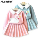 Бархатный свитер с лебедем для девочек, вязаный костюм с мультяшным рисунком, Топ с длинным рукавом и юбка, милый костюм принцессы, Осень-зима 2019