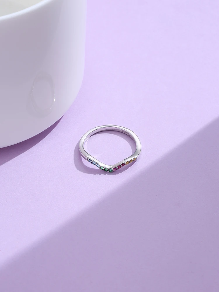 

LEKANI Romantic Engagement Wedding Ring Sterling Silver 925 Jewelry For Women Dazzling CZ Geometry Wave Rainbow Finger Rings