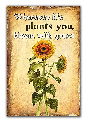 

Sunflower Signs Wherever Life Plants You,Bloom With Grace Sunflowers Retro Vintage Metal Tin Sign Home Kitchen Bedroom Hotel Res