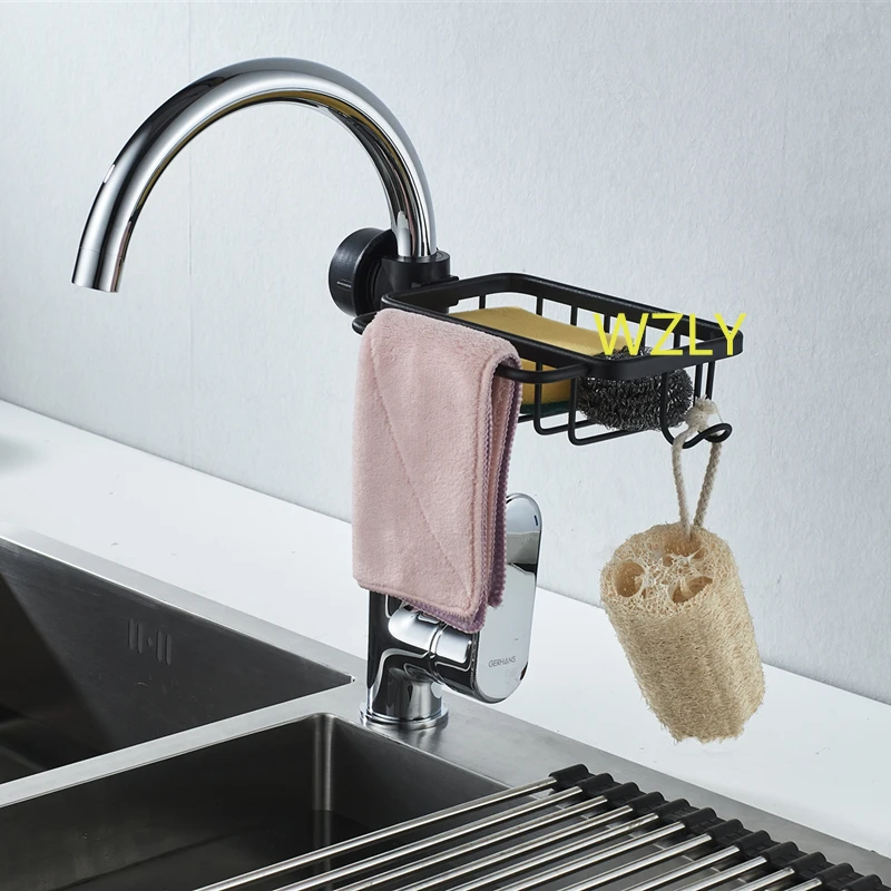 

Kitchen Shelves Black/Silver Storage Rack Adjustable Faucet Bathroom Shower Storage Basket Shelf Sundries Storage Rack With Pole