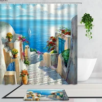 aegean oil painting landscape shower curtains sunshine sea plants flowers bathroom decor curtain set non slip bath mats carpet