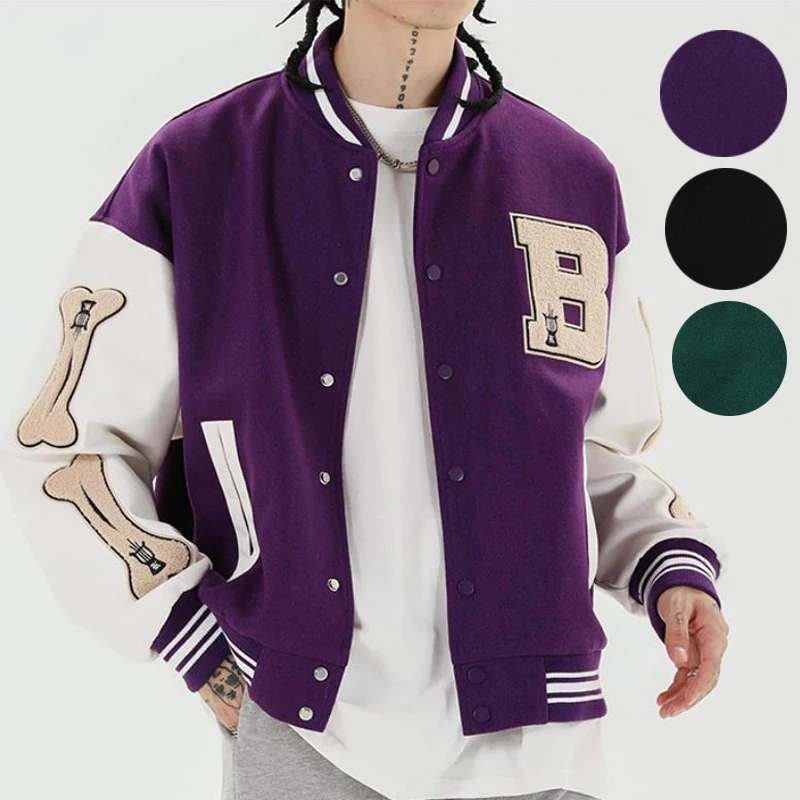 

FAKUNTN Embroidery Letter Loose Stitching JacketWomen Streetwear Flocking Printed Jacket Unisex Optional Harajuku Baseball