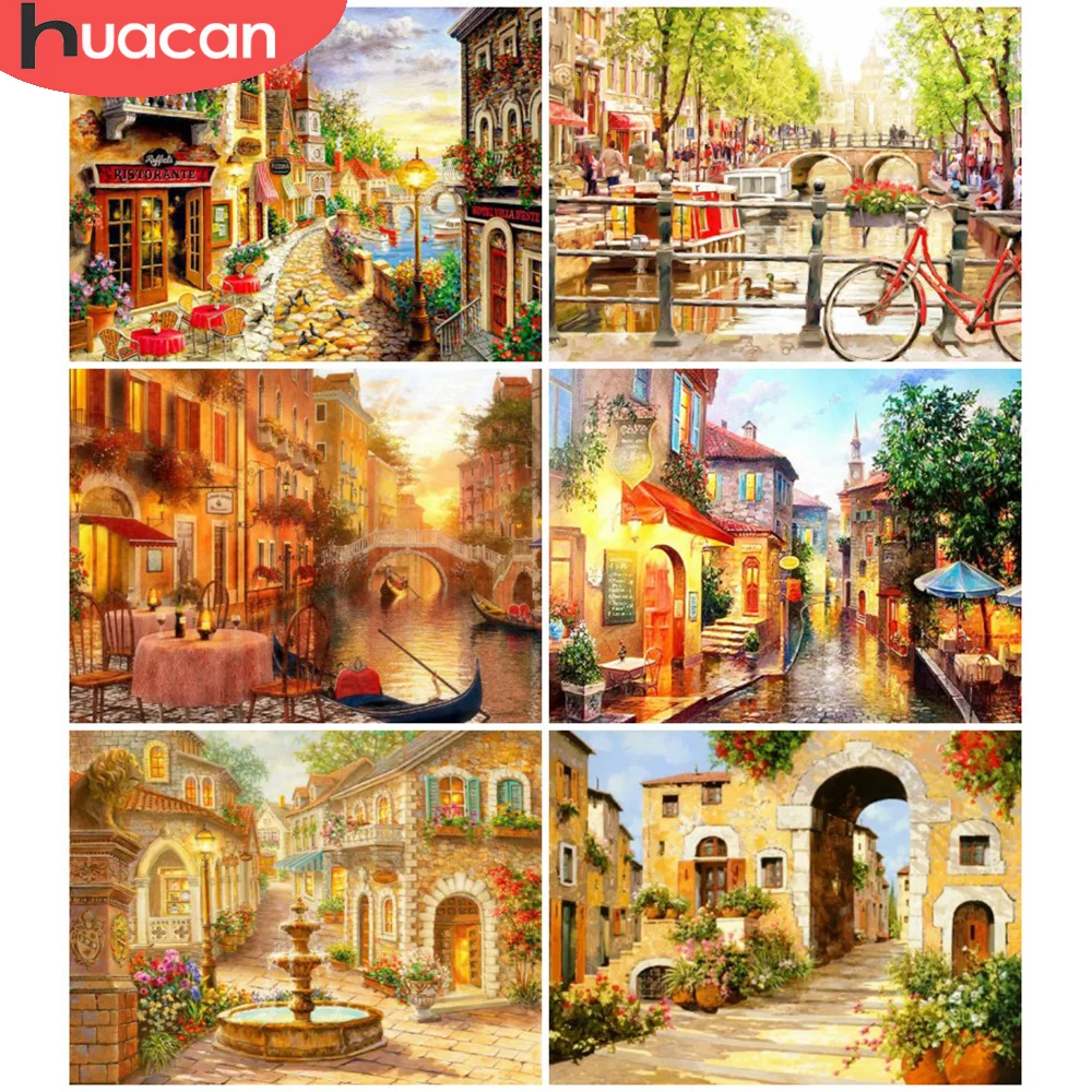 

HUACAN Diamond Painting Street Landscape Cross Stitch Diamond Embroidery Mosaic Town Home Decor Wall Stickers