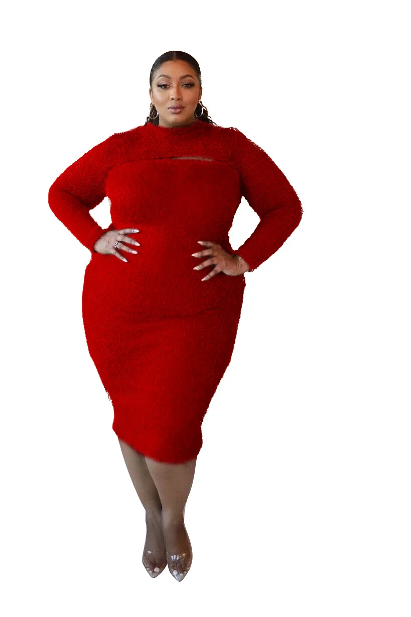 

F.O XL-5XL Gabardine Plus Size Women Midi Dress Hollow Out Long Sleeve Bodycon Fashion Casual Vestidos