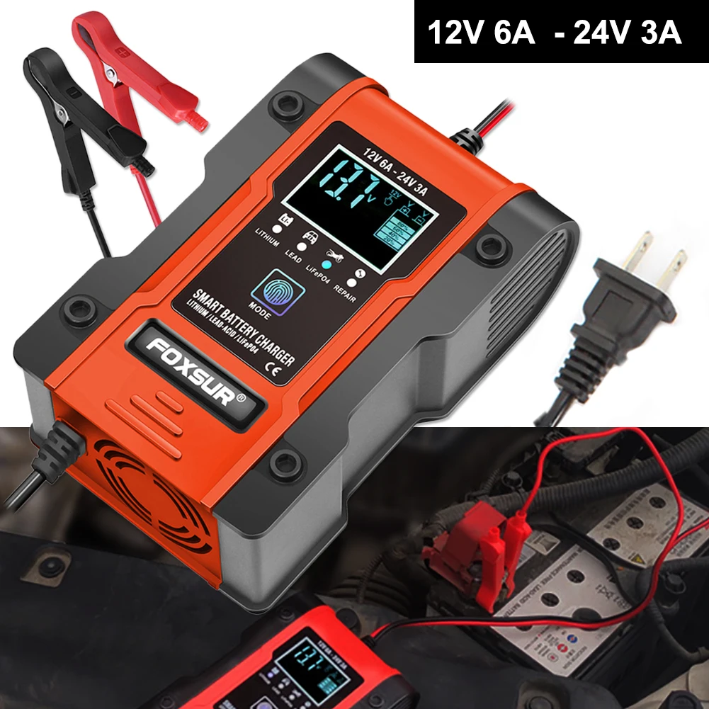 

Car Battery Charger 12V/24V 7-Stage Automatic Charging LCD Display Motorcycle Lead-Acid Battery Repair Charger for Gel AGM Wet