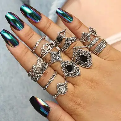 GTQ 15 шт./компл. набор серебряных колец в богемном стиле ретро с кристаллами и