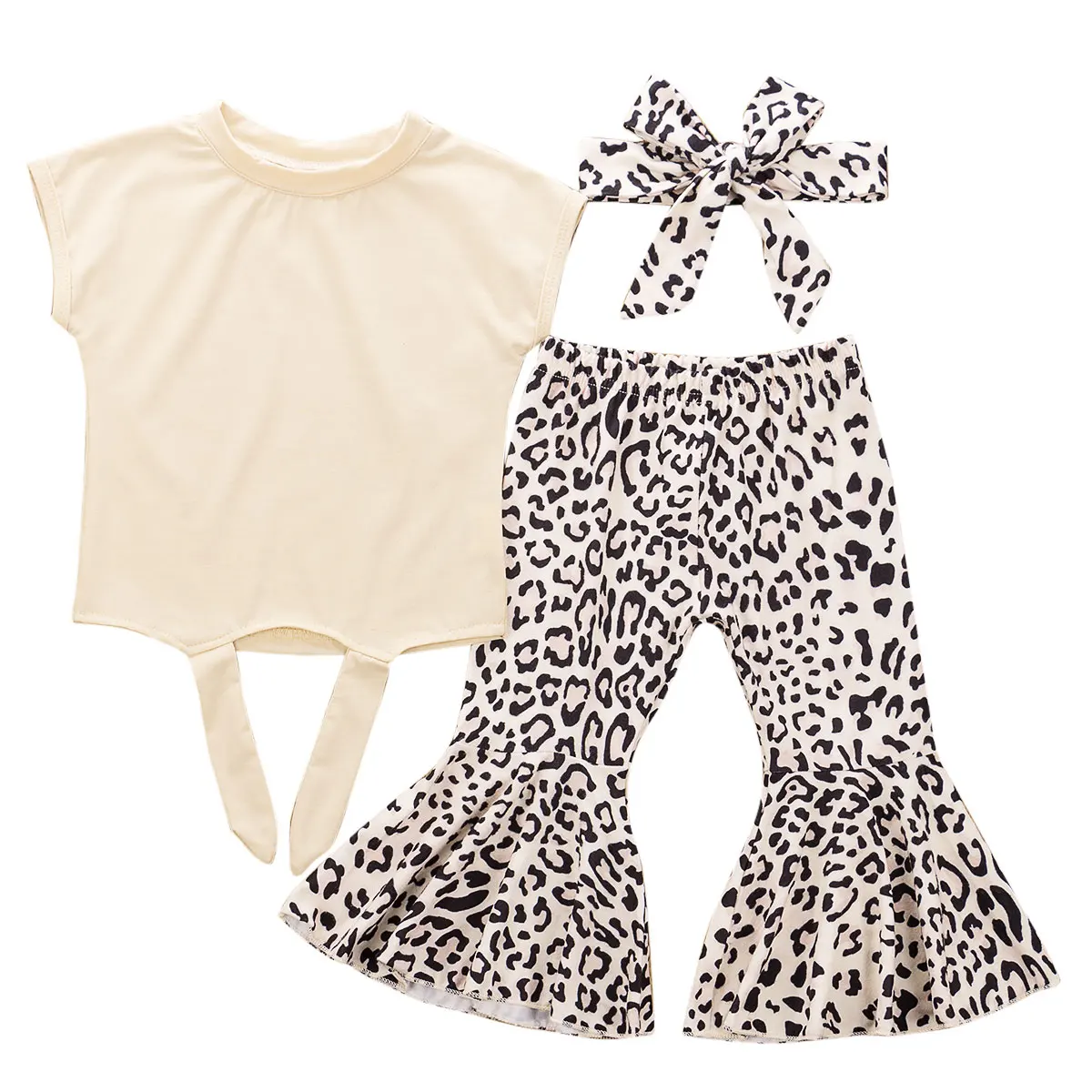 

Fashion Toddler Newborn Baby Girl Cotton Clothes Short Sleeve Tops+Leopard Long Flare Pants+Headband Outfits Set 1-5Y