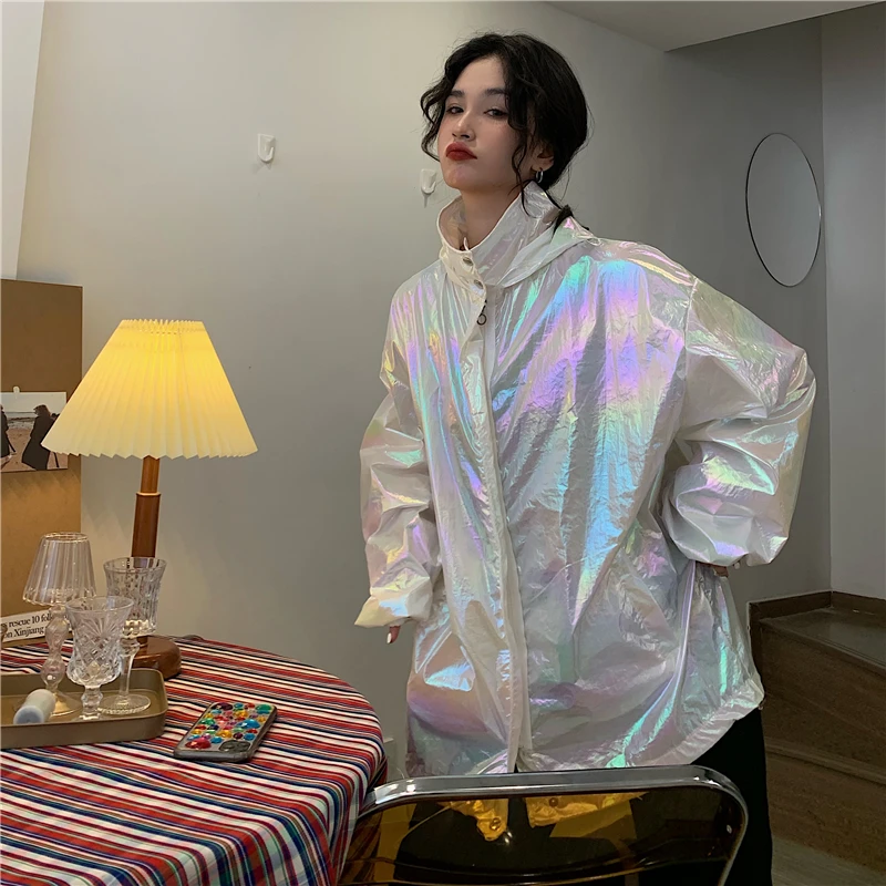 

Women Large Long Sleeve Laser Sympony Hologram Holographic Hooded Jacket Sunproof Sunscreen Chic Rainbow Color Yuppie Hip Hop