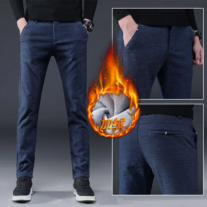2019 Winter Plus Velvet New Casual Pants Men Cotton Slim Fit Chinos Fashion Trousers Male Brand Clothing Size Warm | Мужская одежда