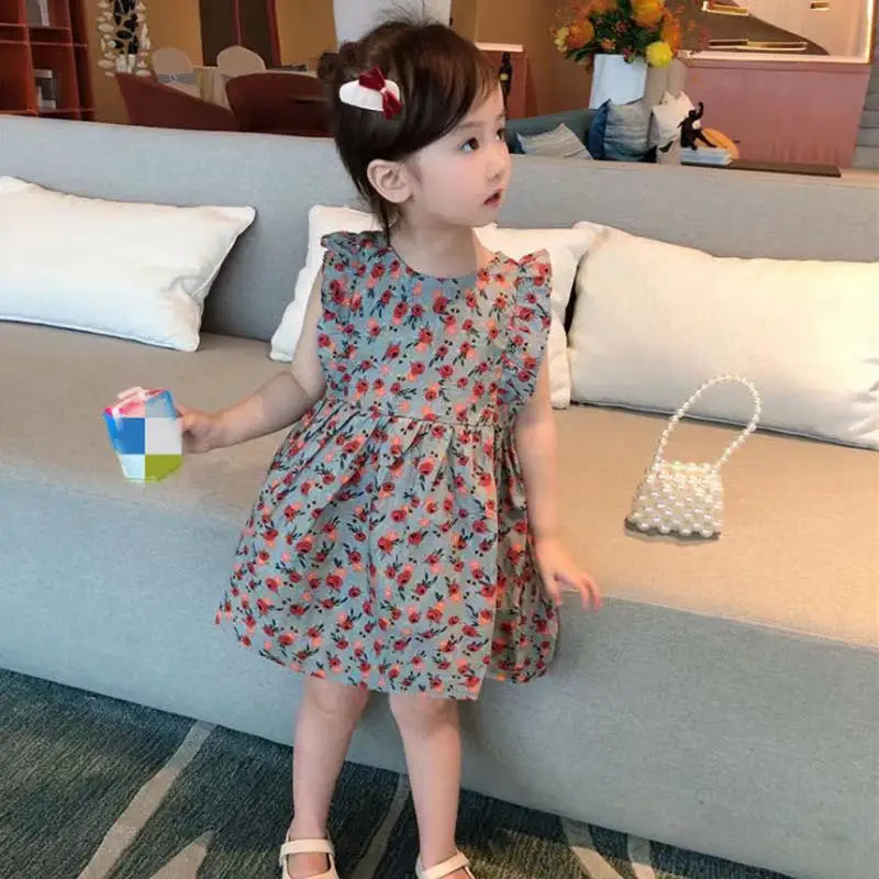 

Girls dress 2021 summer new middle and small children bow princess dress baby girl fashion floral vest skirt