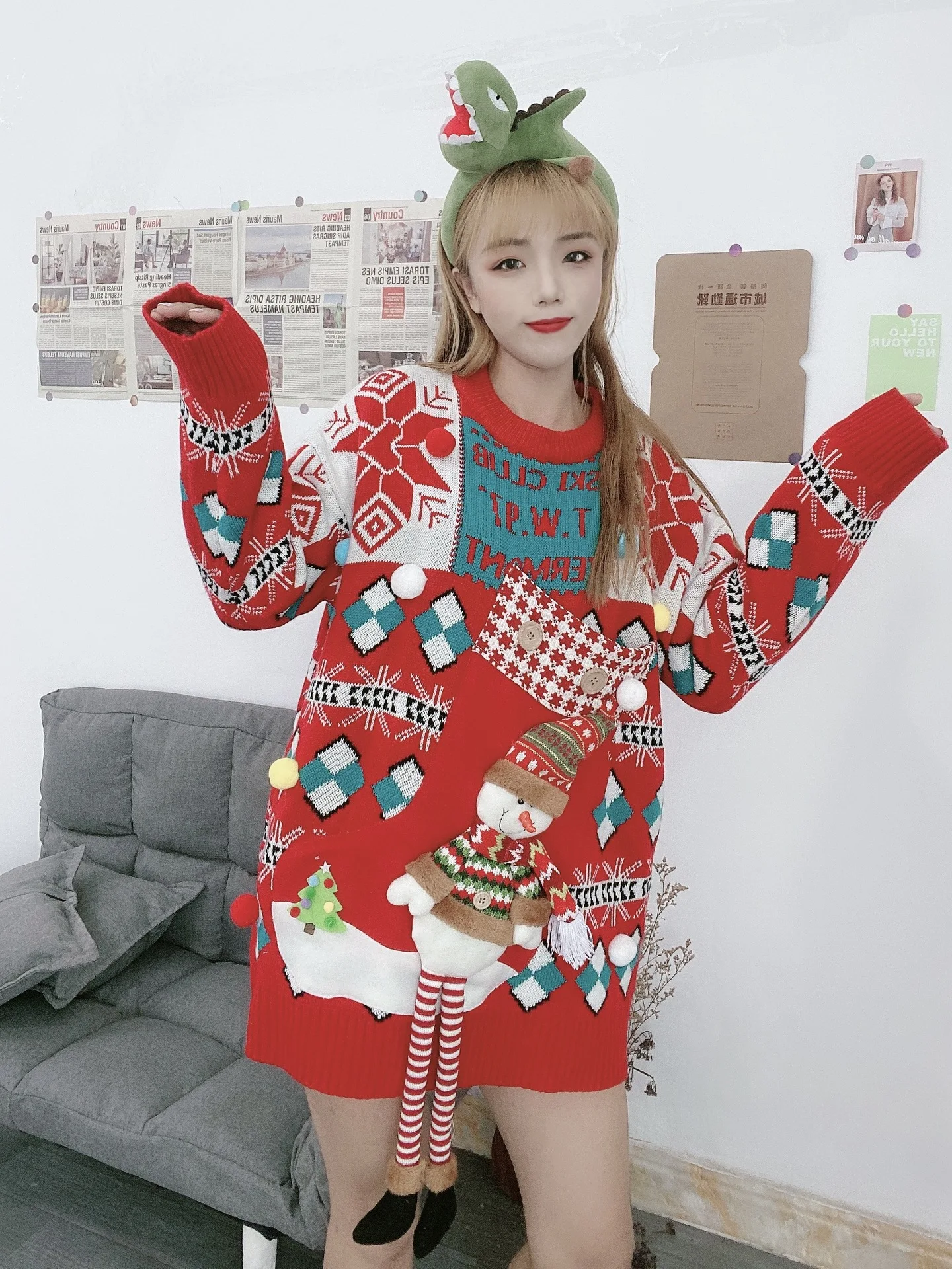 

Red Christmas Knitted Pullover Sweater for Woman 2020 Autumn Winter Holiday Clothes Jumper Jersey