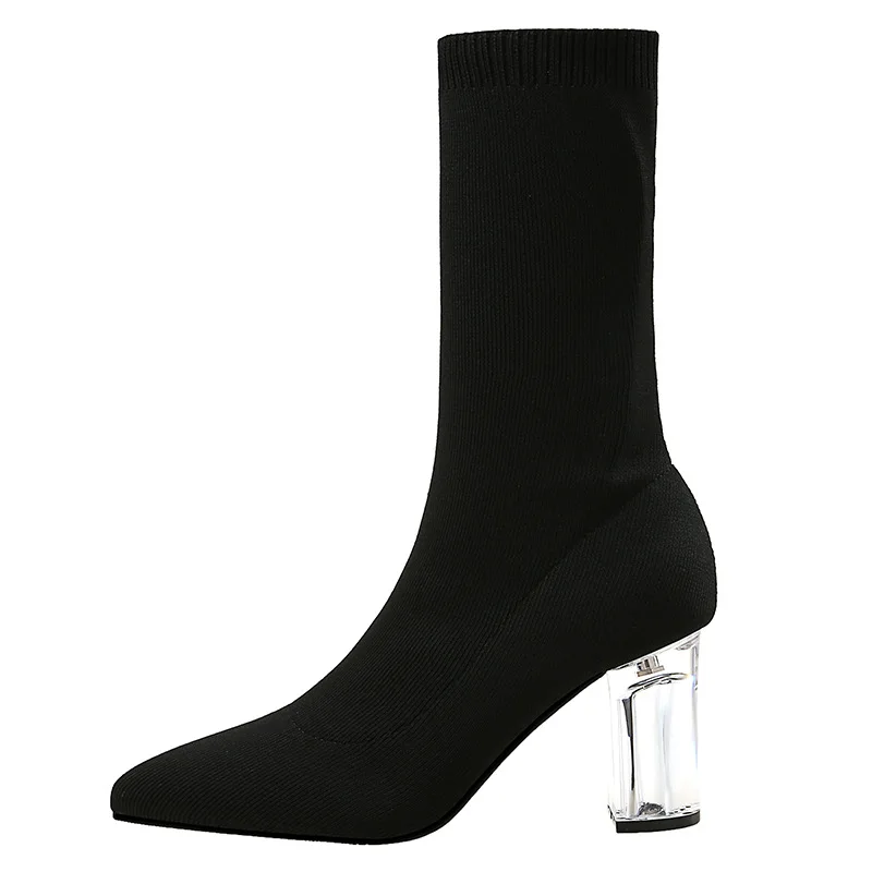

New spring and boots in autumn 2020 thin boots thick heel high heel middle tube women's boots sleeve transparent crystal