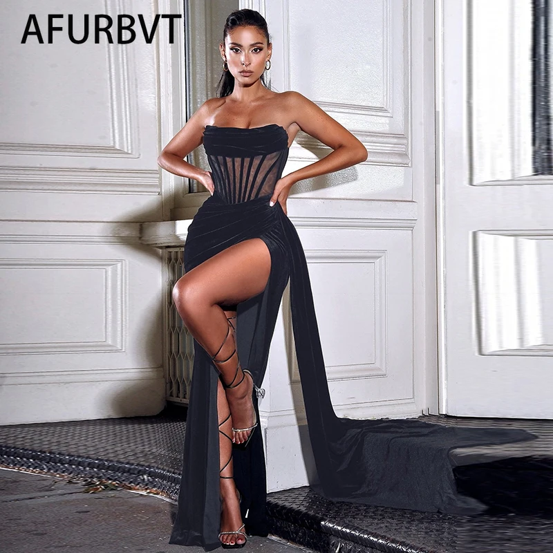 Синие вечерние платья для женщин Длинные модные элегантные без бретелек с