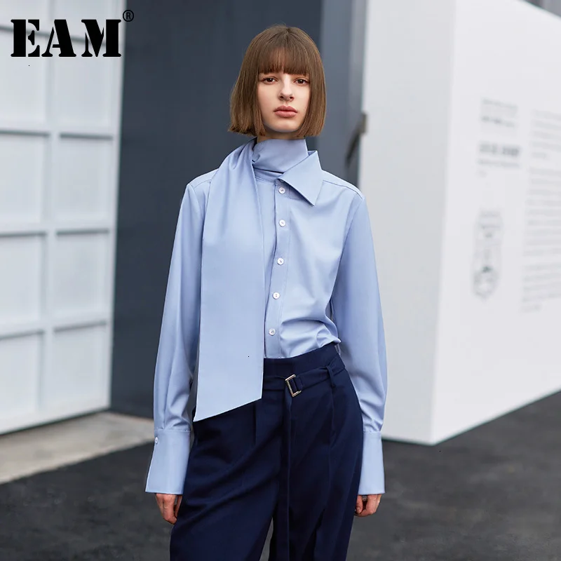 

[EAM] женская синяя блузка с высоким воротником, свободная рубашка с длинным рукавом, модная весенне-осенняя 2021 1H077