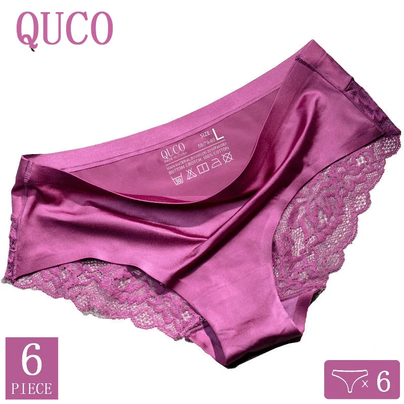 6pcs/lot QUCO brand women underwear Ice silk seamless lace briefs sexy lingerie Women's panties