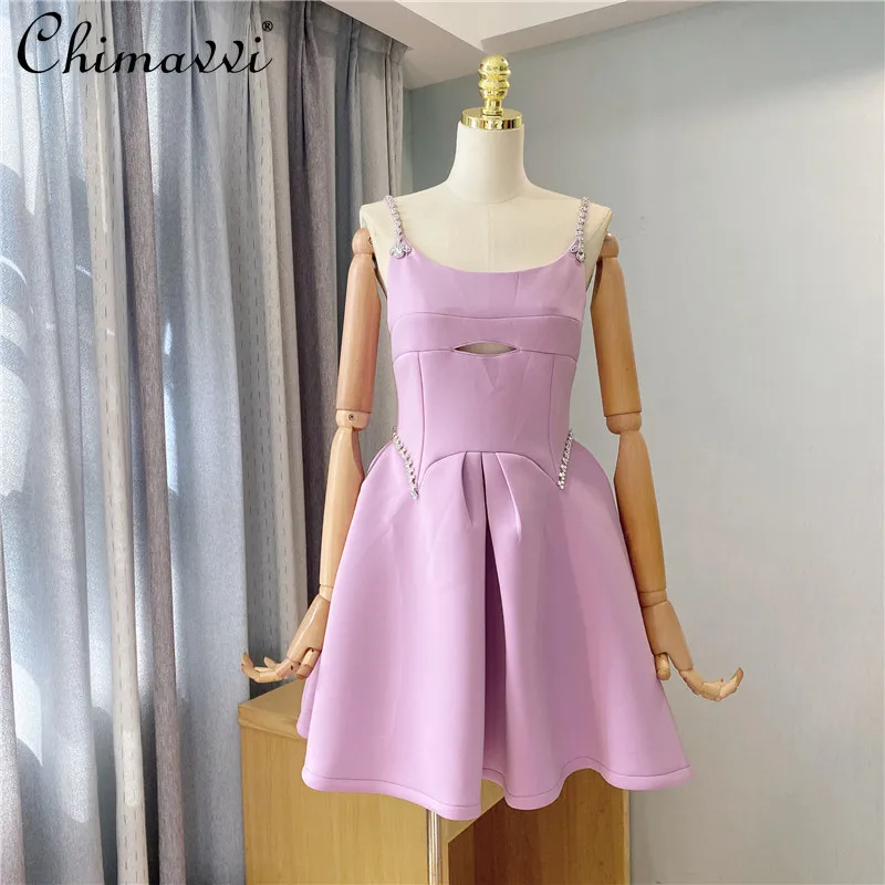 

Purple Diamond Band Puffy Strap Dress Female 2021 Summer Fresh Sweet Dress High Waist Slimming Elegant A- Line Dress for Women
