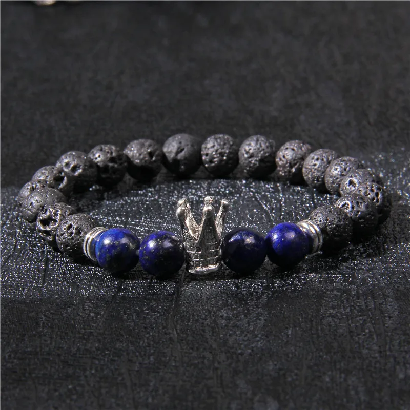Fashion Men Bracelet Natural Black Lava Volcanic Stone &amp Hematite Beads Crown Charm Jewelry for Women Homme | Украшения и