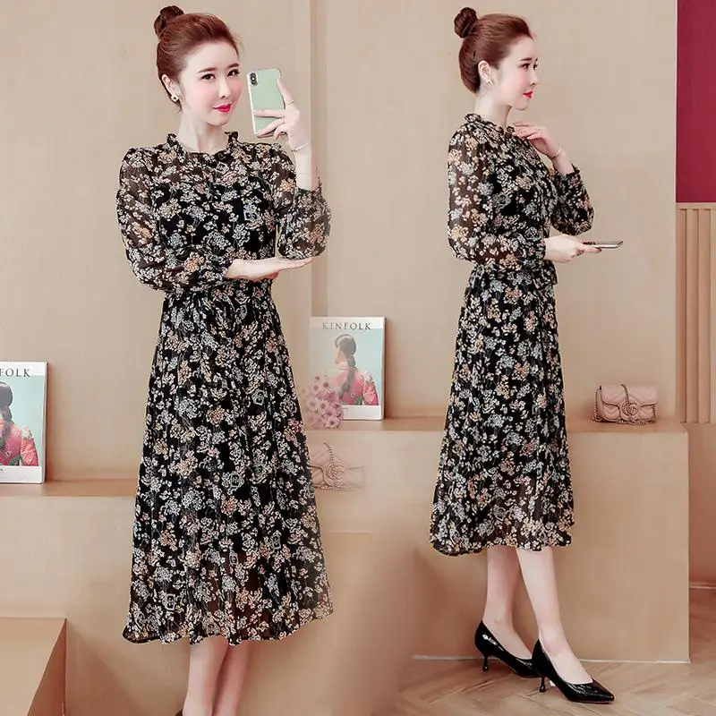 Женское весеннее длинное платье с принтом повседневное шифоновое цветочным