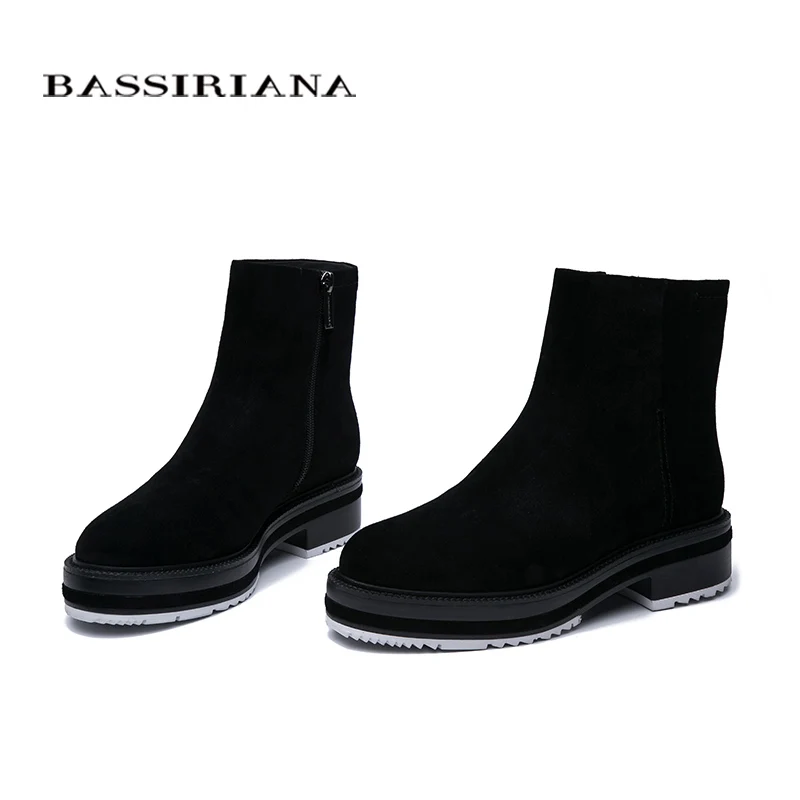 BASSIRIANA2019 кожаные ботинки женские зимние ботинки черная замша резиновая подошва женская обувь высокого качества