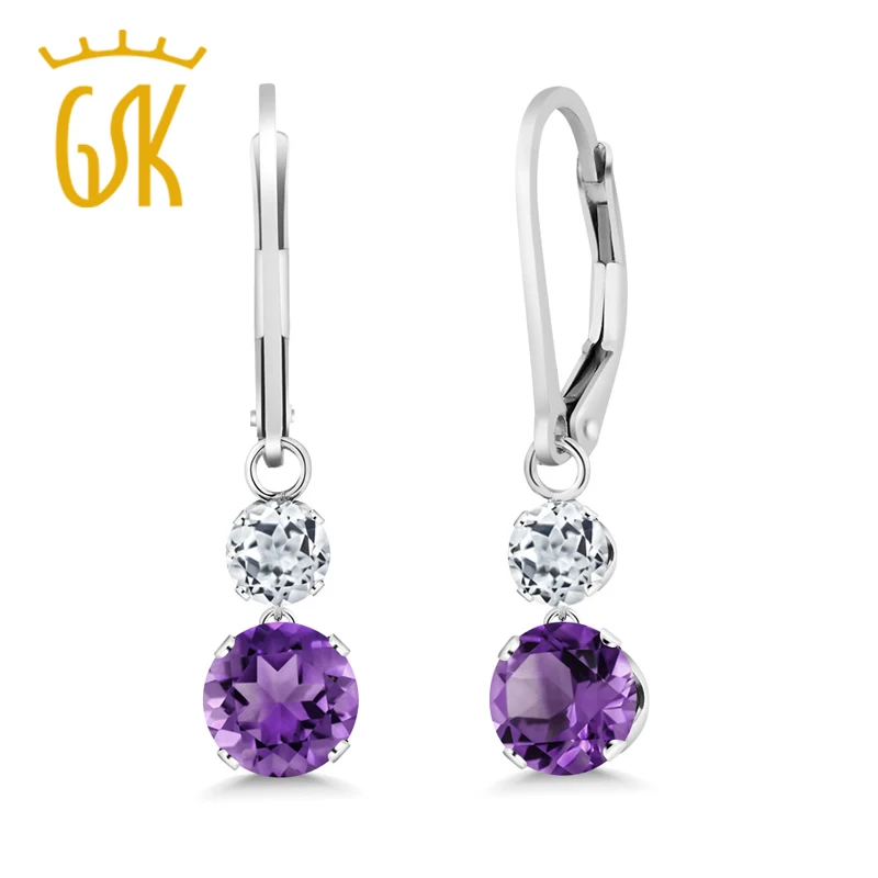 GemStoneKing 2 06 Ct Круглый натуральный Фиолетовый аметист белый топаз 925 Висячие серьги