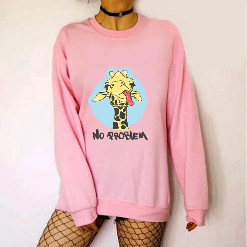 

Women Hoodie No Problem Giraffe Printed Hoodies Women Fleece Long Sleeve O Neck Loose Sweatshirt Girls Pullovers Winter