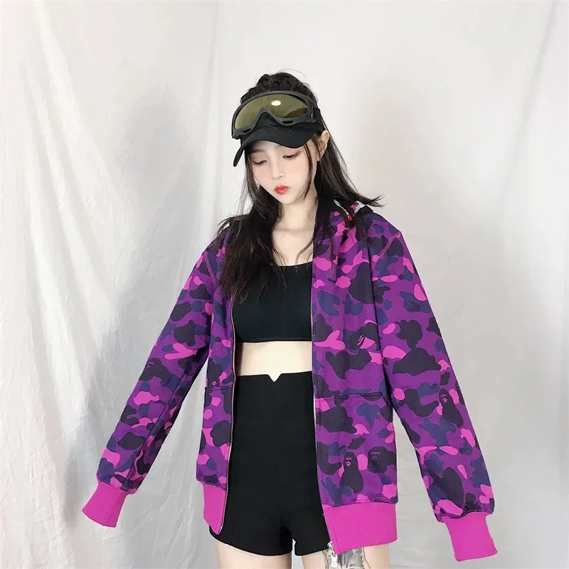

Women Unisex Couple Clothes Harajuku Shark Cartoons Zip Up Hoodies Sweatshirt Loose Funny Hooded Top Outwear Pullovers