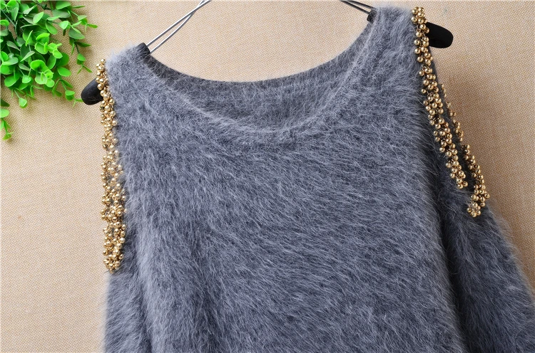

Long sexy Off Shoulder Sweater Women Pullover beading sweaters Female Knitted Mink Cashmere Pull Jumper Ladies dress spring