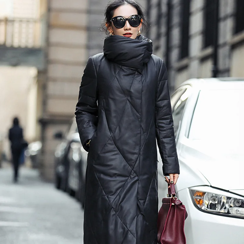 Женское длинное пальто на белом утином пуху куртка из натуральной овечьей кожи