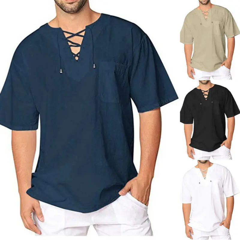 

Mens V-neck T-shirt Baggy Short Sleeve Shirt Holiday Causal Loose Blouse Tops