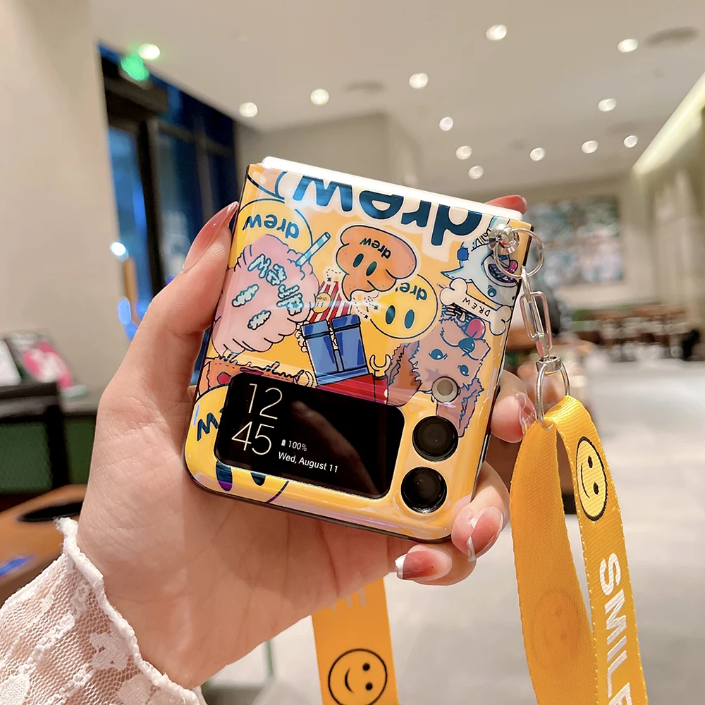 

For Samsung Galaxy Z Flip 3 5G Folding Back Phone Shell Smiley Cartoon For Z Flip 3 All-inclusive Glossy Soft Shell with Lanyard