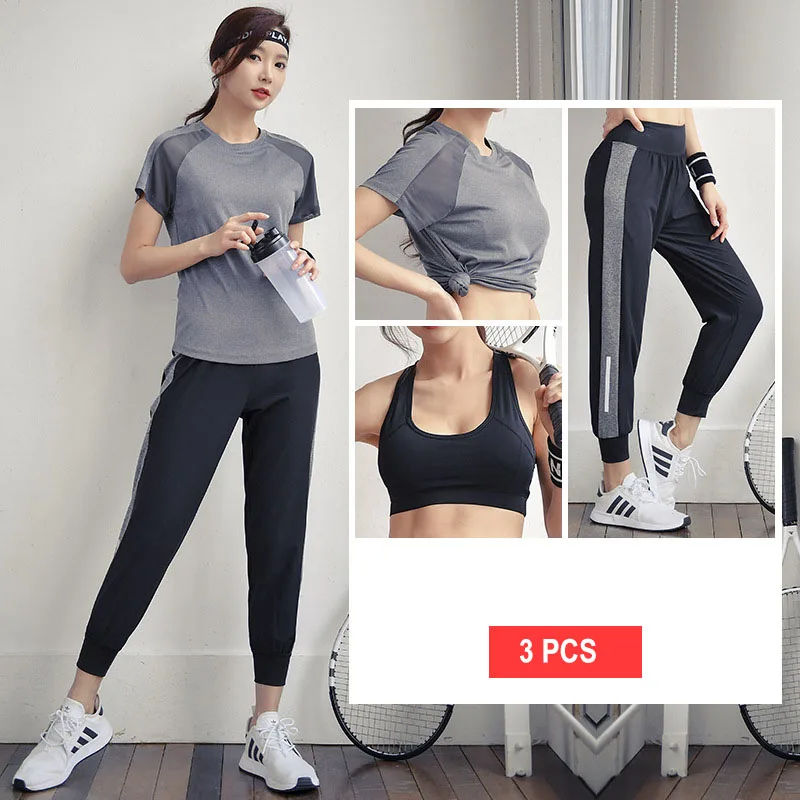 Grey Женский костюм для йоги, комплект из 3 предметов, одежда для фитнеса, спортивная одежда для женщин, спортивная одежда для тренировок, спортивная одежда для бега, йоги, гимнастический костюм, наборы - Цвет: Grey