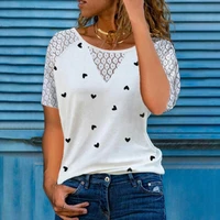 fashion women t shirt lace patchwork heart print short sleeve hollow blouse top streewear for daily life