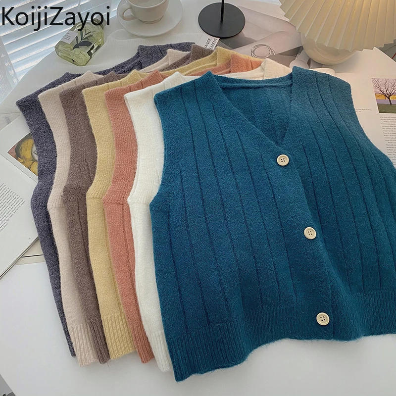 

Koijizayoi Women Solid Knitted Vest Casual Loose Single Breasted Chic Tanks Autumn Winter Ladies Chic Soft Sleelvess Camis 2022