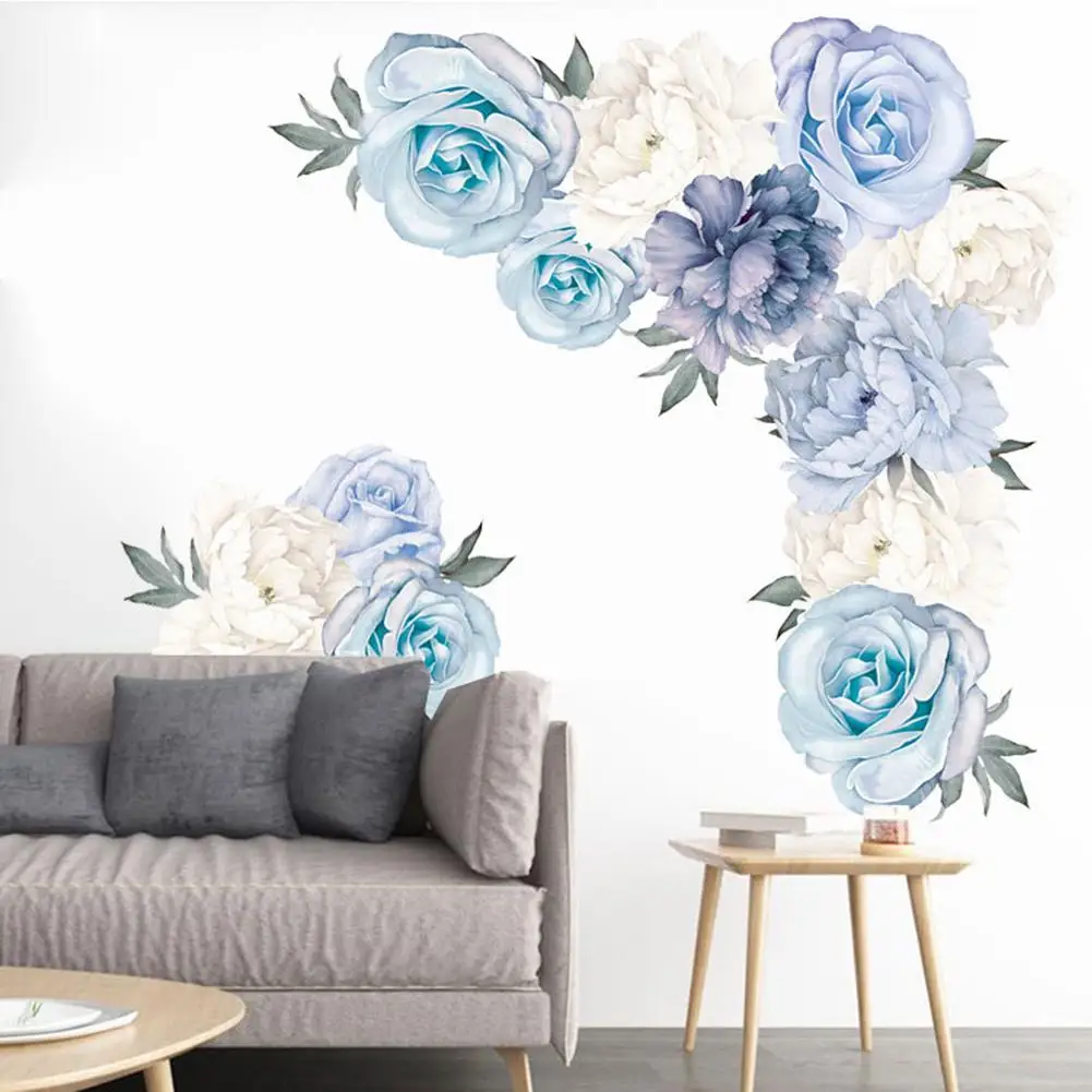 Light blue peony flower combination wall sticker Background self-adhesive Home decoration stickers | Дом и сад