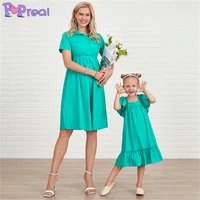 popreal summer parent child outfit girl family dress mom and daughter skirt mother kids dress solid bow turndown collar buttons