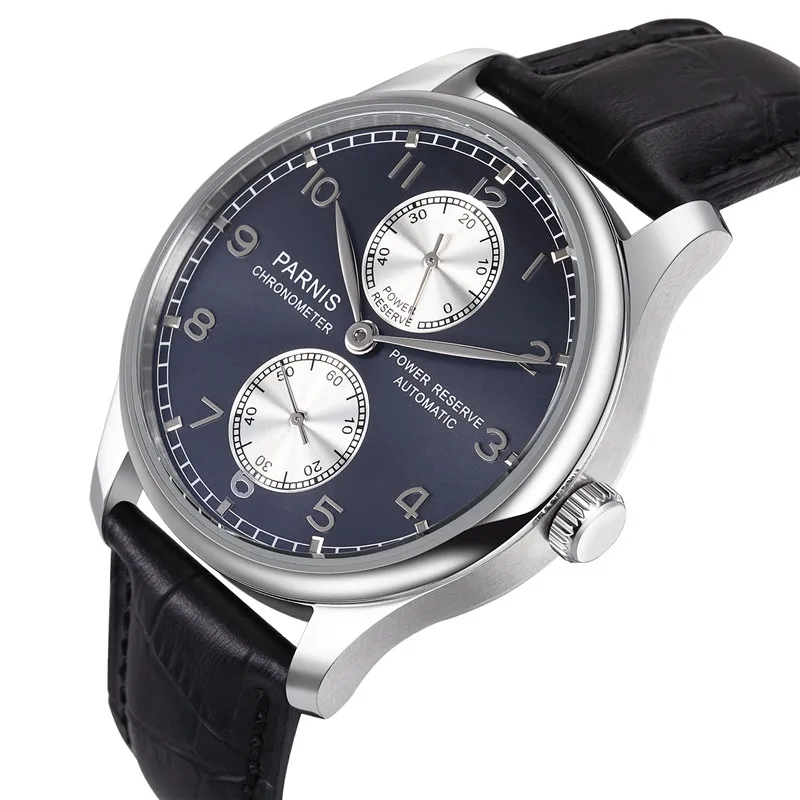Parnis 43mm Silver Case Automatic Mechanical Men's Watch Power Reserve Black Leather Strap Men Watches heren horloge Luxury