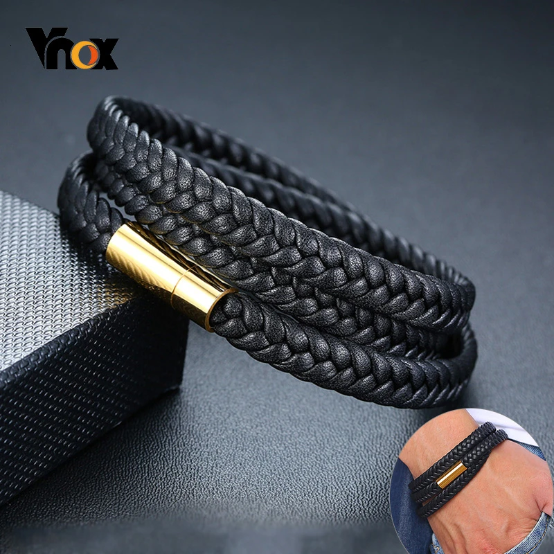 Мужской плетеный браслет Vnox из натуральной кожи с длинным ремешком многослойные