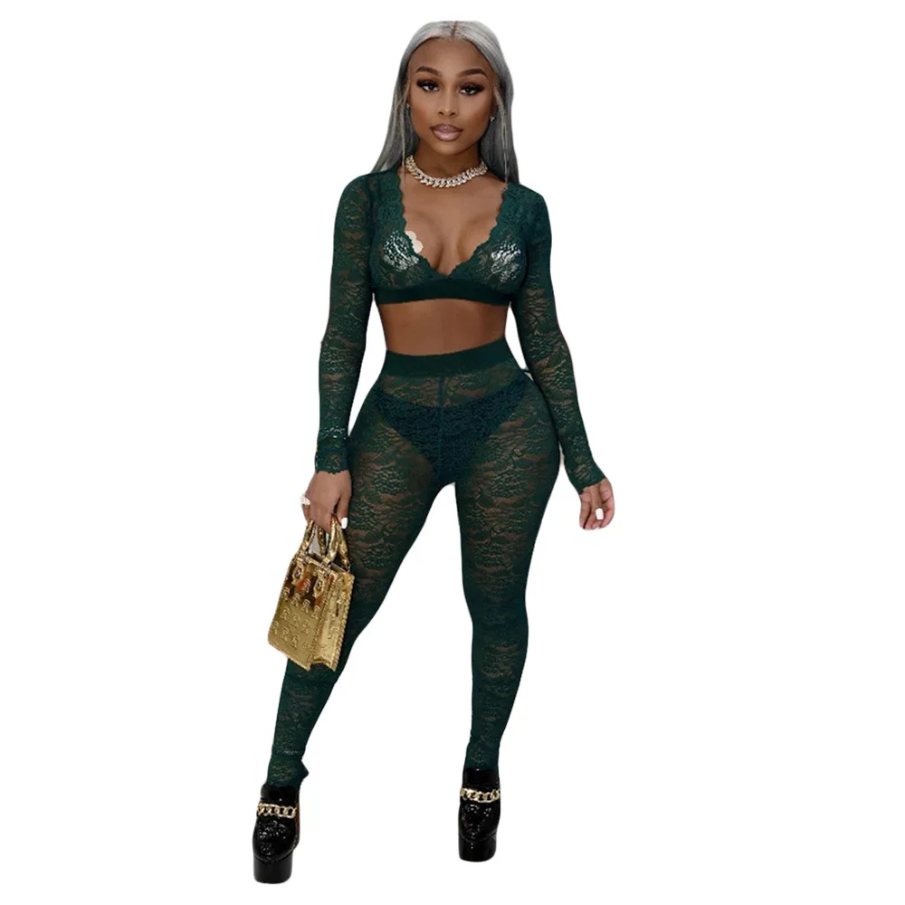

Women Pant Sets Sexy Lace Two Piece Suit Clubwear See Through