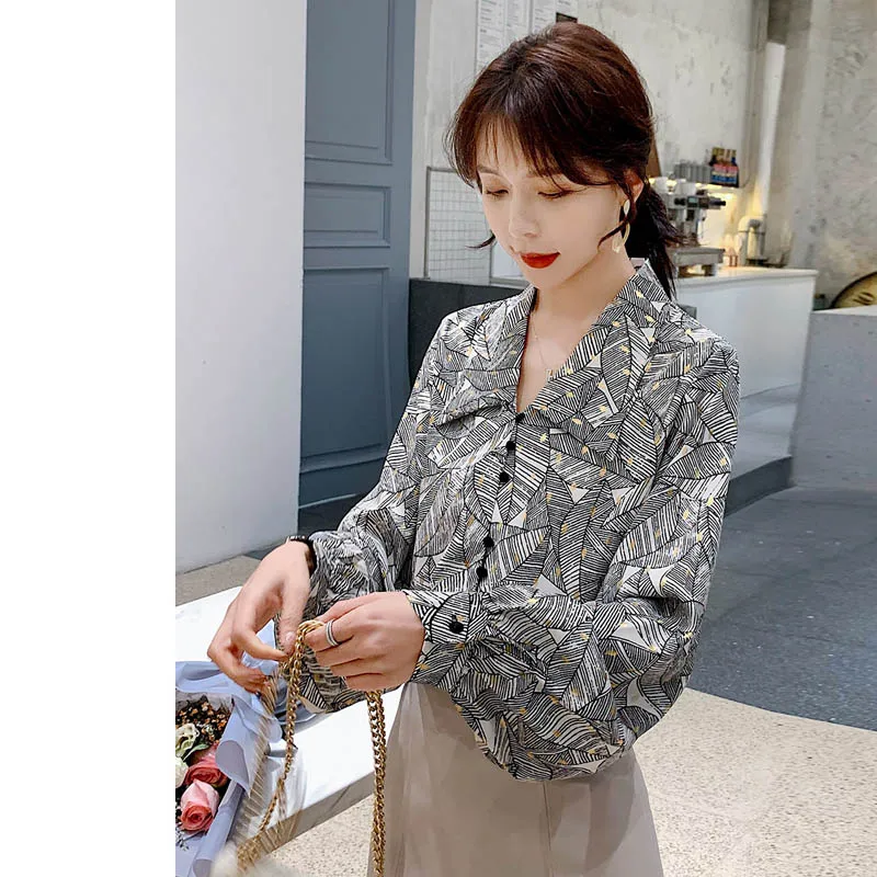 Женская рубашка на пуговицах размера плюс Vinatge шифоновая с листьями из