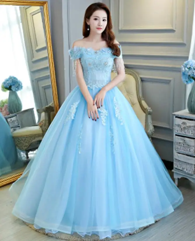Light Blue Модное красное пышное платье новые аппликации бисером и блестками Бальные платья без рукавов на шнуровке выпускного вечера Формальное Тюлевое Платье De Soiree - Цвет: Light Blue