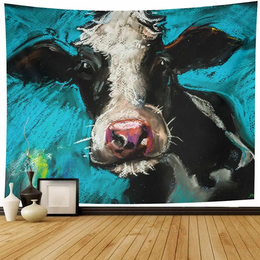 Pintura Original de vaca azul Pastel en cart&oacute;n, mascotas, granja verde moderna, cabeza divertida, tapices de leche-1