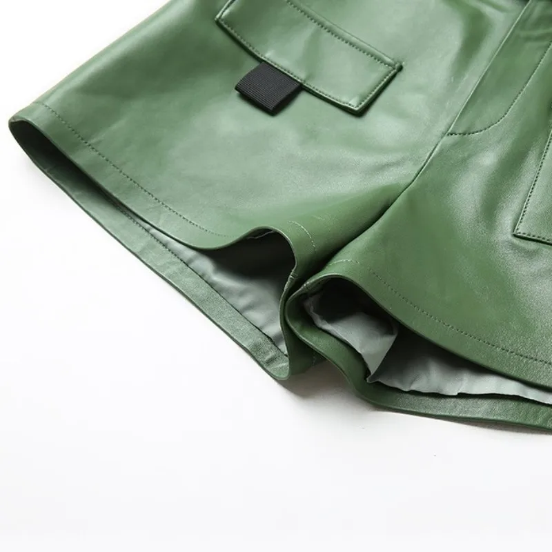 

Leather Shorts Women Genuine Sashes High Waist Straight Wide Leg Sheepskin Pocket Cargo Shorts Streetwear Push Up Sexy Hotpants