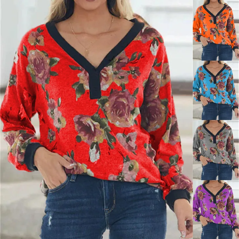 

New Printed Fashion Sexy Stitching T-Shirt Retro Women's Loose Hedging V-Neck Long-Sleeved Plus Size Blouse Streetwear 2021