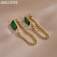 xialuoke vintage senior elegant green zircon metallic chain tassel earrings for women new fashion earrings jewelry accessories